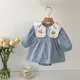 2024 Summer Autumn New Baby Embroidered Lapel Romper Girls Cotton Princess Dress Bodysuit Kids Blue
