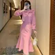 Rose Pink Plush Lady Suit Set Elegant and Chic New Winter 2023 Puff Sleeve Wool Age-Reducing