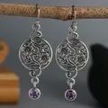 Vintage Hollow Round Shape Leaves Flower Pendant Purple Amethyst Dangle Earrings Boho Style Jewelry