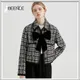BEENLE Tweed Jacket Women's Spring 2023 New Woolen Suit Black Lapel Short Jacket Retro Style Bow