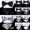 White Black Gray Silver Silk Mens Bow Tie Hanky Cufflinks Set Woven Pre tied Butterfly Cravat Bowtie