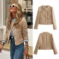 2023 Autumn New Women Jacket Metal Button Pocket Woolen Short Outer Single-breasted Top Cardigan