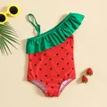 2024 Summer Toddler Girls Ruffles One Piece Swimwear Cartoon Watermelon Prints Beach Onesie Swimsuit