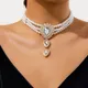 PuRui Elegant Rhinestone Drop Shape Pendant Choker Multilayer Imitation Pearl Necklace for Women