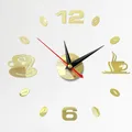 Coffee Cups Decor Modern Wall Clock Mirror Acrylic 3D Art Self Adhesive Home DIY Gold Home