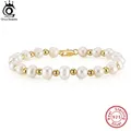 ORSA JEWELS 925 Sterling Silver Vintage 6-7mm Freashwater Pearl Bracelet for Men 18K Gold Plated