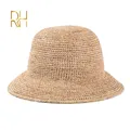Handmade Ladies Crochet Natural Raffia Straw Bucket Hat For Spring Summer Beach Floppy fisherman