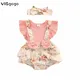 VISgogo Baby Girls Rompers Summer Clothes Set Pink Floral Printed Ribbed Fly Sleeves Romper and Bow