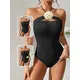 Peachtan Black One Piece Swimsuit Woman 2023 Luxury Bandeau Swimwear Korea Style Bride Swimsuit