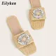 Eilyken Glitter Rhinestone Women Slippers Bright Diamond Flat Bottom Cane Crystal Sandals