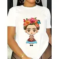 Cartoon Frida Print T-Shirt Casual Short Sleeve T-Shirt For Spring & Summer Women's Clothing