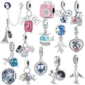 2023 925 Sterling Silver Travel Airplane Camera Handbag Blue Globe Charm Dangle Fit Original Pandora