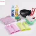 Dollhouse Miniature Kitchen Furniture Items Mini Dish Gloves Cleaning Set Model Doll House Toy