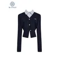 Preppy Style Basic Navy Cardigan Patchwork Slim Sweater Autumn Winter Fake Two Pieces Design Polo