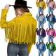 Women Y2k Fringed Hem Tassel Cardigan Crop Tops Cool Girl Motor Biker Jacket Suede Leather Jacket