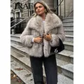 TRAF 2024 Women Fashion Cropped Faux Fur Jacket Coat Long Sleeve Front Snap-button Female Outerwear