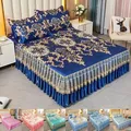 Blue Cotton Quilted Lace Bedspread Ruffle Bedskirt King Size Coverlet Soft Full Queen Double Bed