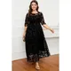 Elegant Women's Dress Formal Black Lace Flocking Mesh Velvet Double Layer Tunic Maxi Dress Party