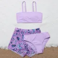 Summer Swimwear Toddler Baby Girl's 3 Piece Swimsuits Purple Buttrerflies Prints Bikini Bathing Suit