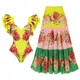 2pcs Bathing Suit for Women with Bikini Maxi Wrap Skirt 2Pcs Floral Print Swimsuit High Waist Tummy