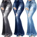 Denim Flared Jeans Women Pants High Waist Zipper Button Fly Ripped Holes Tassel Cuffs Autumn Winter