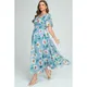 Plus Size Women's Casual Blue Chiffon Short Sleeved Elegant Print Dress with V-Neck Large Hem New