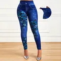 Estate nuovi leggings elastici a vita alta da donna in finto Denim con stampa a farfalla Leggings