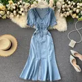 Vintage V-Neck Women Denim Dress Summer Short Sleeve Mermaid Dresses Female Slim Long Jean Slit