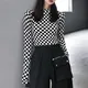 Black & White Checkered Mesh Top Long Sleeve Mock Neck Cropped Top Women's T-shirts Altgirl Outfit /