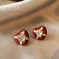 Retro Red Enamel Gold Color Edged Heart-shaped Earrings Unusual Gift and Fashion Accessory For Women
