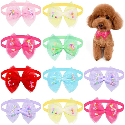 10 PCS Summer Dog Grooming Small Lace Dog Bow Tie With Colorful Bead Pet Supplies For Dog Bowties