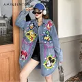 Potdemiel Fashion Exquisite Rhinestone Cartoon Denim Jacket Female Autumn Loose Oversize Streetwear