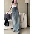 SML Women Loose Ladies Vintage Long Denim Dress Female Preppy Style Spaghetti Strap Jeans Denim