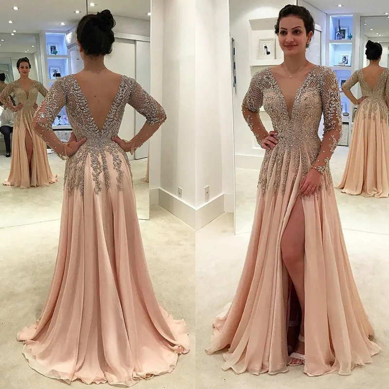 Lucxury Beading Long Sleeve Evening Dresses 2023 A-Line Side Slit V-Neck Chiffon Luxury Party Prom Gown Backless Floor Length
