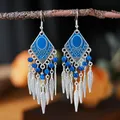 Fashion Vintage Bohemian Leaf Tassel Drop Dangle Earrings For Women Enamel Rhombus Geometric Beads