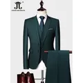 ( Jacket +Vest+ Pants ) Luxury Men's High-end Brand Solid Color Business Office Suit 3Pcs & 2Pcs