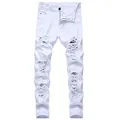 Men's White Jeans Fashion Hip Hop Ripped Skinny Men Denim Trousers Slim Fit Stretch Distressed Zip