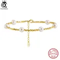 ORSA JEWELS 14K Gold Nugget Link Chain Bracelet with Natural Pearl Fashion S925 Silver Bracelet