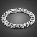 Men Genuine 100% 925 Sterling Silver Bracelets Curb Cuban Chain 10 MM 7-10 inch Italy Silver