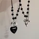 Goth Aesthetic Black Glass Heart Bow Pendant Pearl Beaded Rope Chain Choker Necklace Egirl Y2K