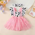 Baby Girls Summer Romper Dress Flying Sleeve Cow Print Tulle Patchwork Romper with Headband