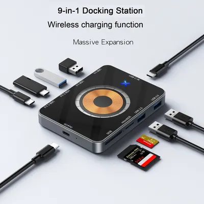 9-In-1 Usb C Hub 5gbps Type C Docking Station 15w Wireless Fast Charging Tf/Sd Card Reader Qc/Pd Power Inlet For Phone Computer