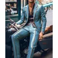 Men Suit Slim Fit Blazer & Pants 2Pcs Set Contrast Trim Notch Lapel PU Leather Jacket Male Business