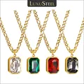 LUXUSTEEL Retro Colorful Square Crystal Pendant Necklace For Women Stainless Steel Figaro Chain