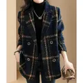 Women Mid Length Casual Plaid Woolen Jacket Female Spring Autumn Retro British Style Wool Blend