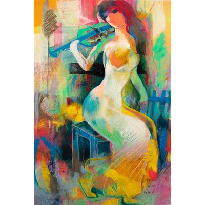 'Colorful Abstract Oil Painting of Woman Playing the Violin'