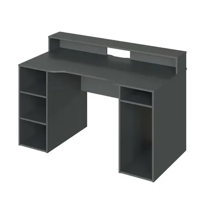 Dmora Schreibtisch Phoenix, Moderner Schreibtisch von Gaming, Studiertisch für PC und CD-Halter, Studiertisch mit Regalen, 136x67h88 cm, Anthrazit Image