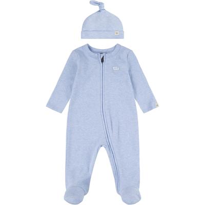 Neugeborenen-Geschenkset LEVI'S KIDS "LVN FOOTED COVERALL & HAT SET", Baby, Gr. 1 (56), blau (lt mist htr), Jersey, Obermaterial: 100% Baumwolle, meliert, casual, KOB Set-Artikel, UNISEX Image