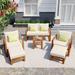 Outdoor Patio Wood 6-Piece Conversation Set with Ottomans and Cushions for Backyard, Poolside, Balcony