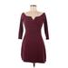 Pull&Bear Casual Dress - Mini V-Neck 3/4 sleeves: Burgundy Solid Dresses - Women's Size Medium